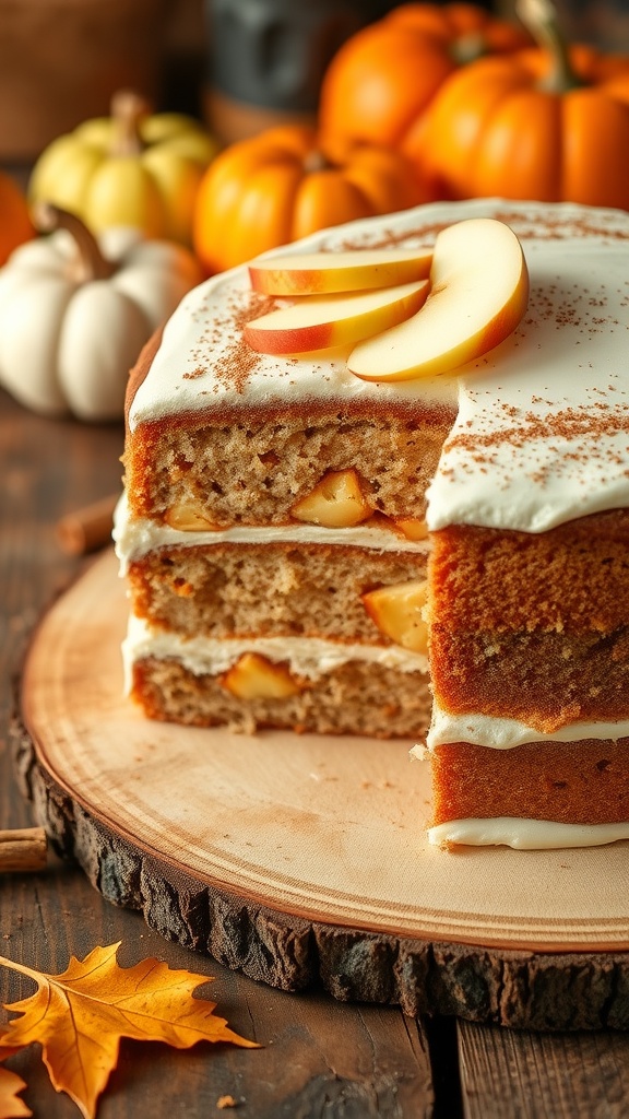 Slices of moist apple spice cake with cinnamon buttercream on a wooden table, adorned with autumn decorations.